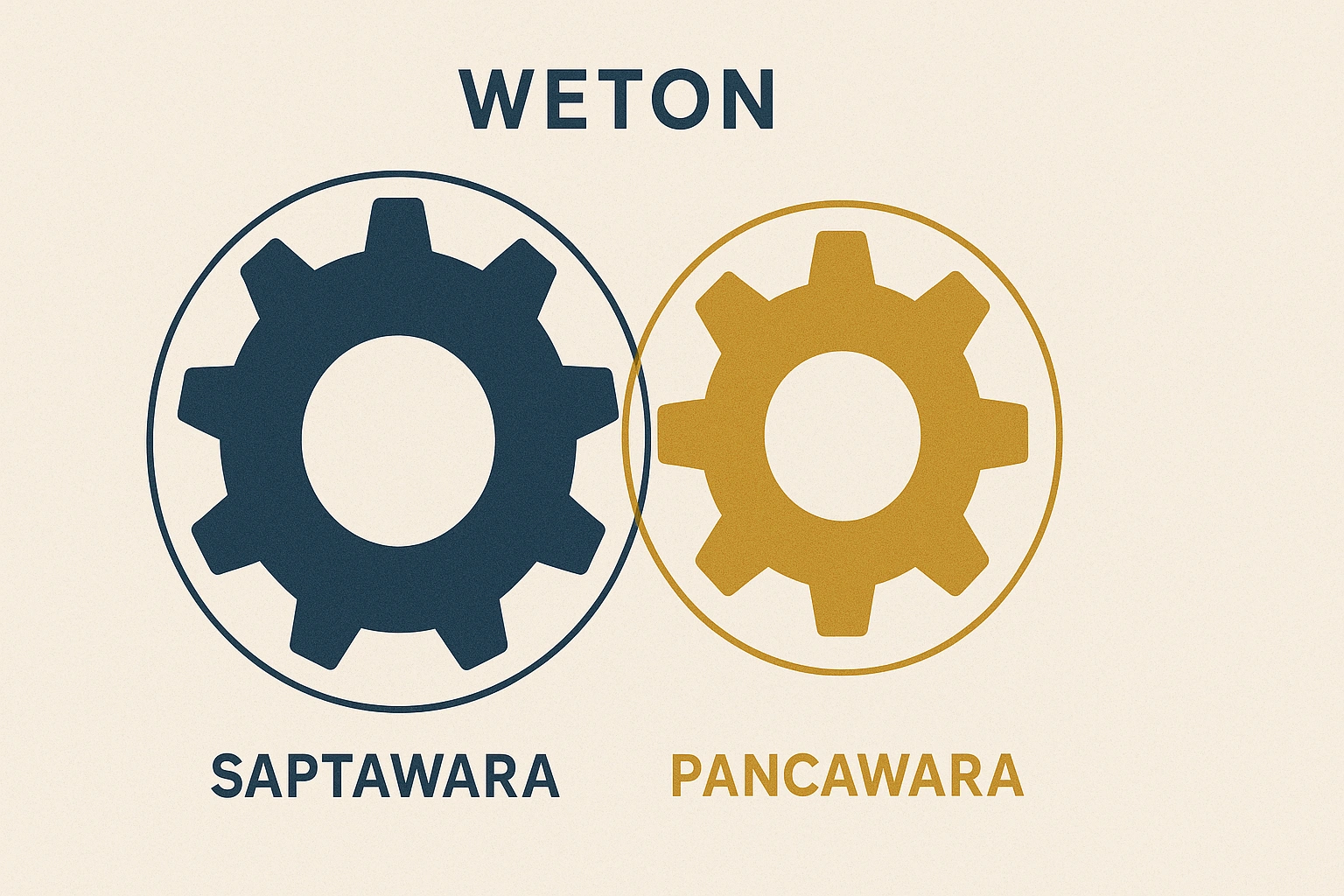 An infographic showing two interlocking gears, one with 7 cogs (Saptawara) and one with 5 cogs (Pancawara), to illustrate the Weton calculation. An infographic showing two interlocking gears, one with 7 cogs (Saptawara) and one with 5 cogs (Pancawara), to illustrate the Weton calculation.