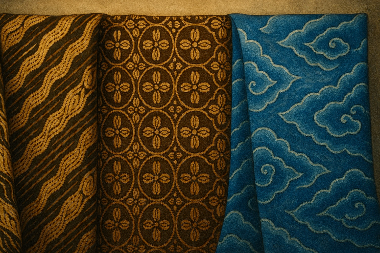 Batik fabric with Parang, Kawung, and Mega Mendung motifs.