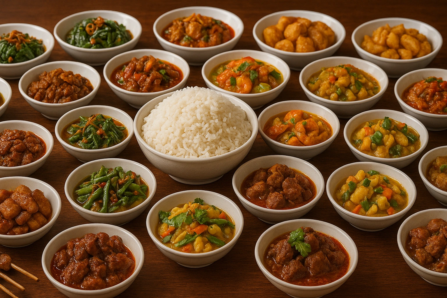 Colorful Rijsttafel with steamed rice and assorted Indonesian dishes, showcasing the vibrant flavors and cultural richness of the meal for a rijsttafel guide.