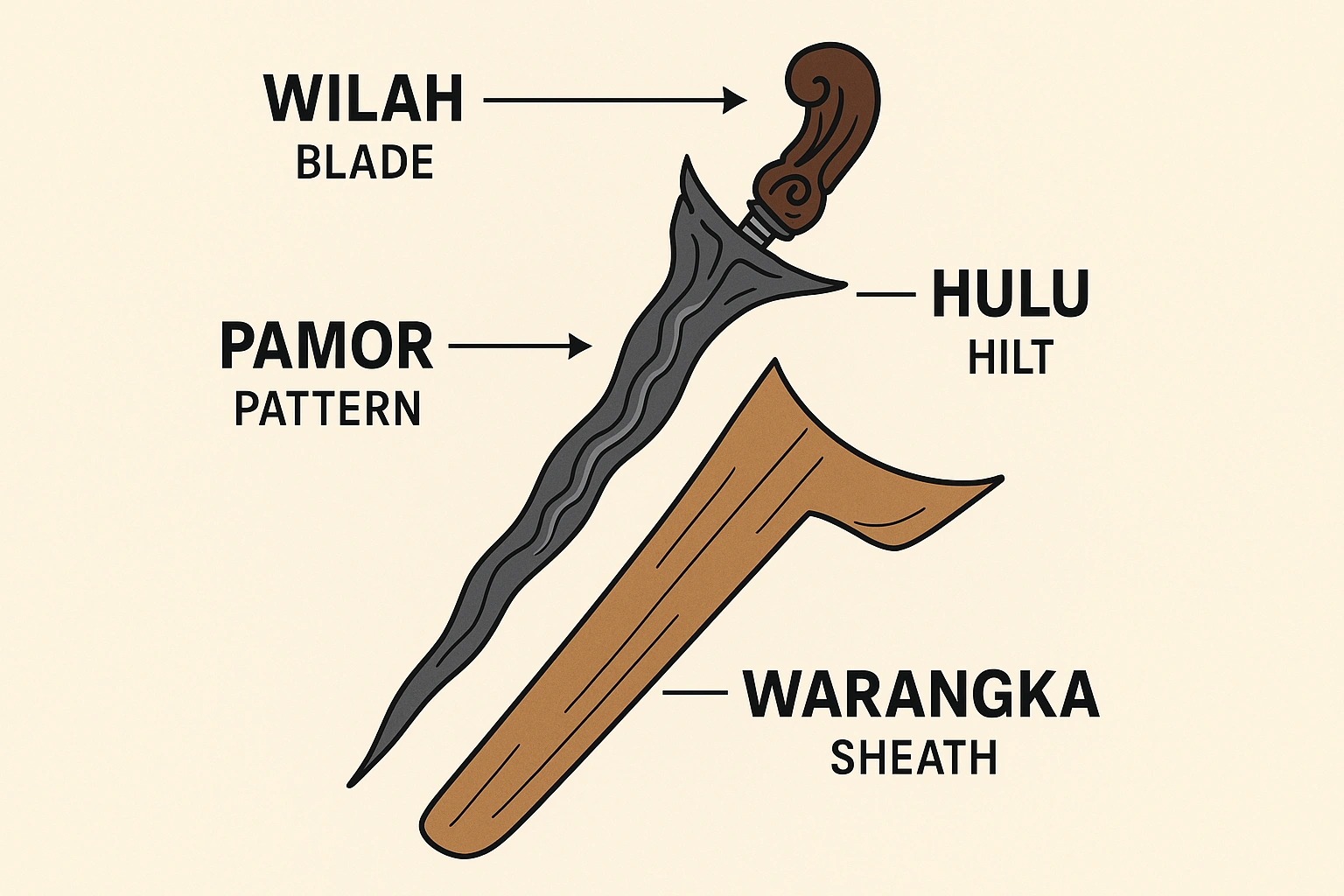 Diagram showing the parts of a Javanese Keris Wilah (blade), Pamor (pattern), Hulu (hilt), and Warangka (sheath).