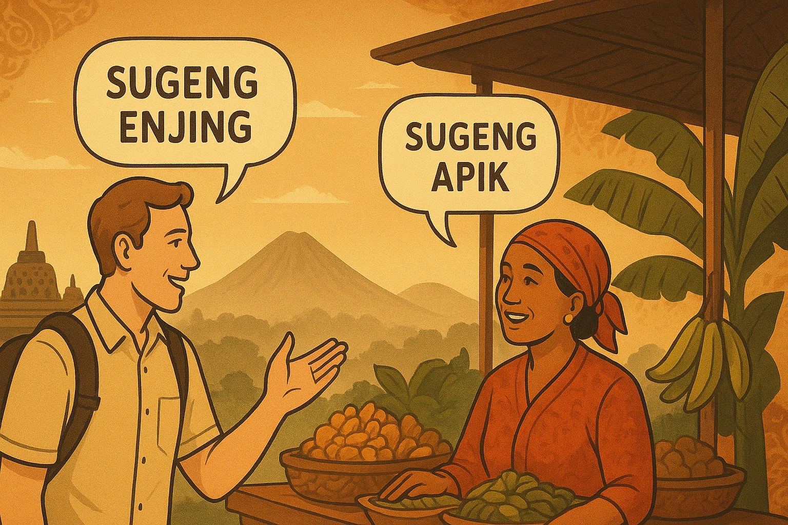 European traveler speaking Javanese phrases in Java market