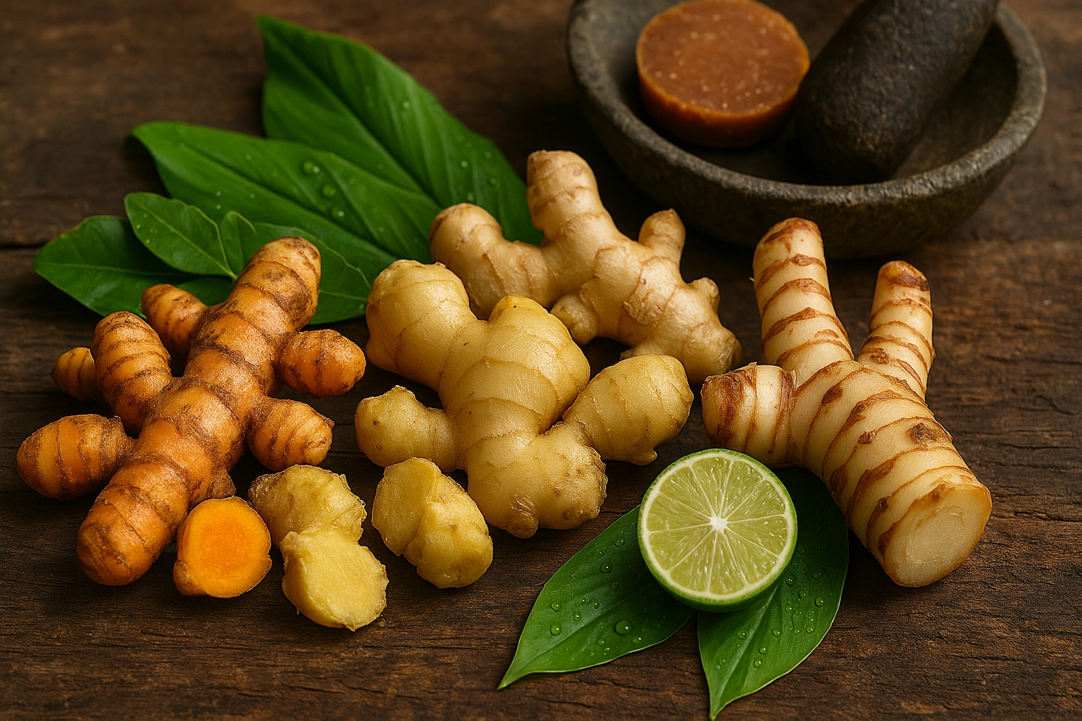 Fresh raw ingredients for Jamu, including turmeric (kunyit), ginger (jahe), and galangal (lengkuas).