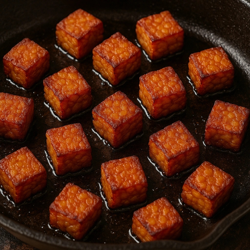 Golden brown, crispy tempeh being pan fried in a cast iron skillet.