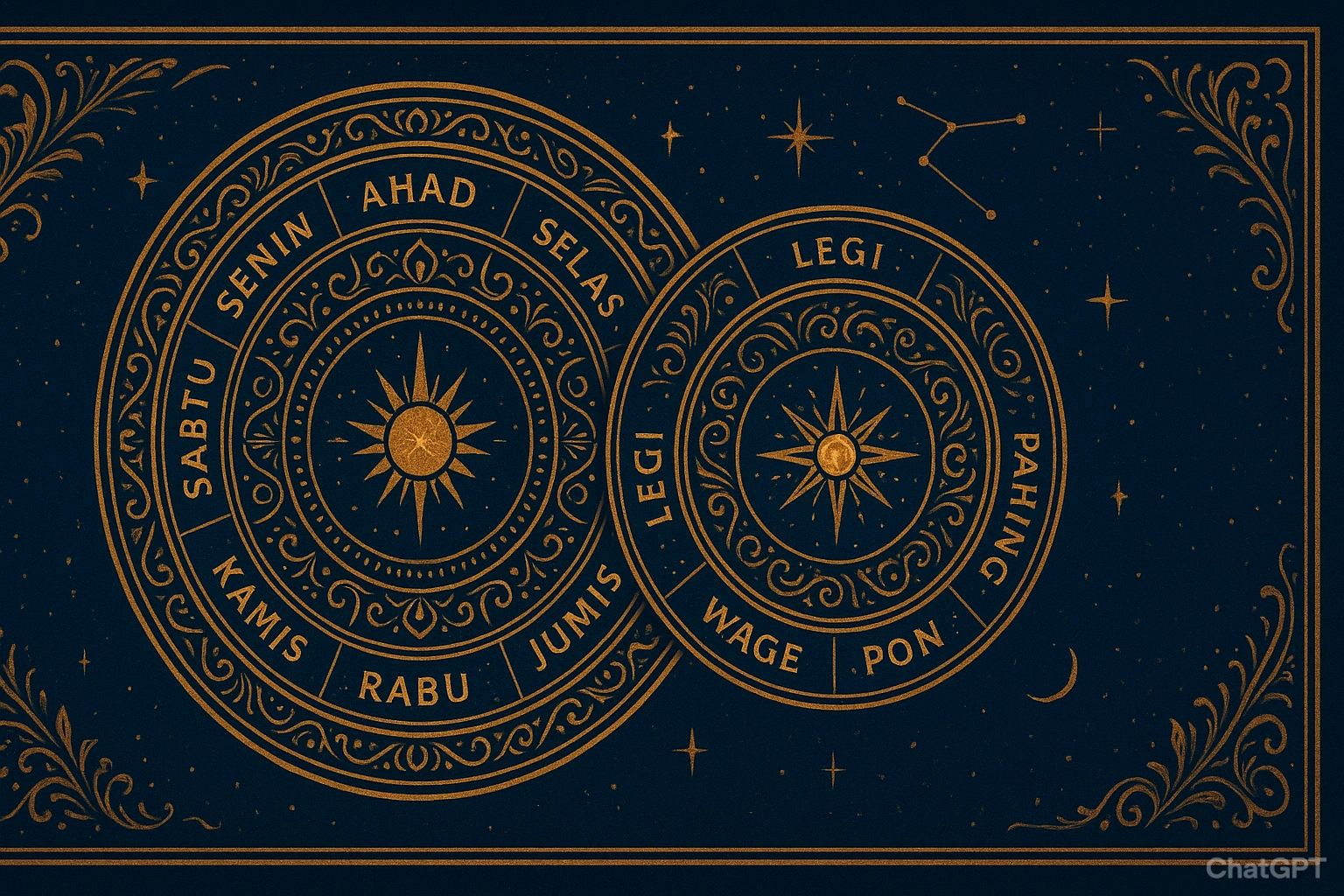 Interlocking Javanese calendar wheels and cosmic charts for auspicious dates. Interlocking Javanese calendar wheels and cosmic charts for auspicious dates.