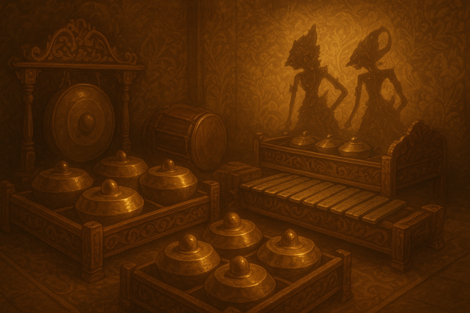 Javanese Gamelan ensemble with bronze instruments.