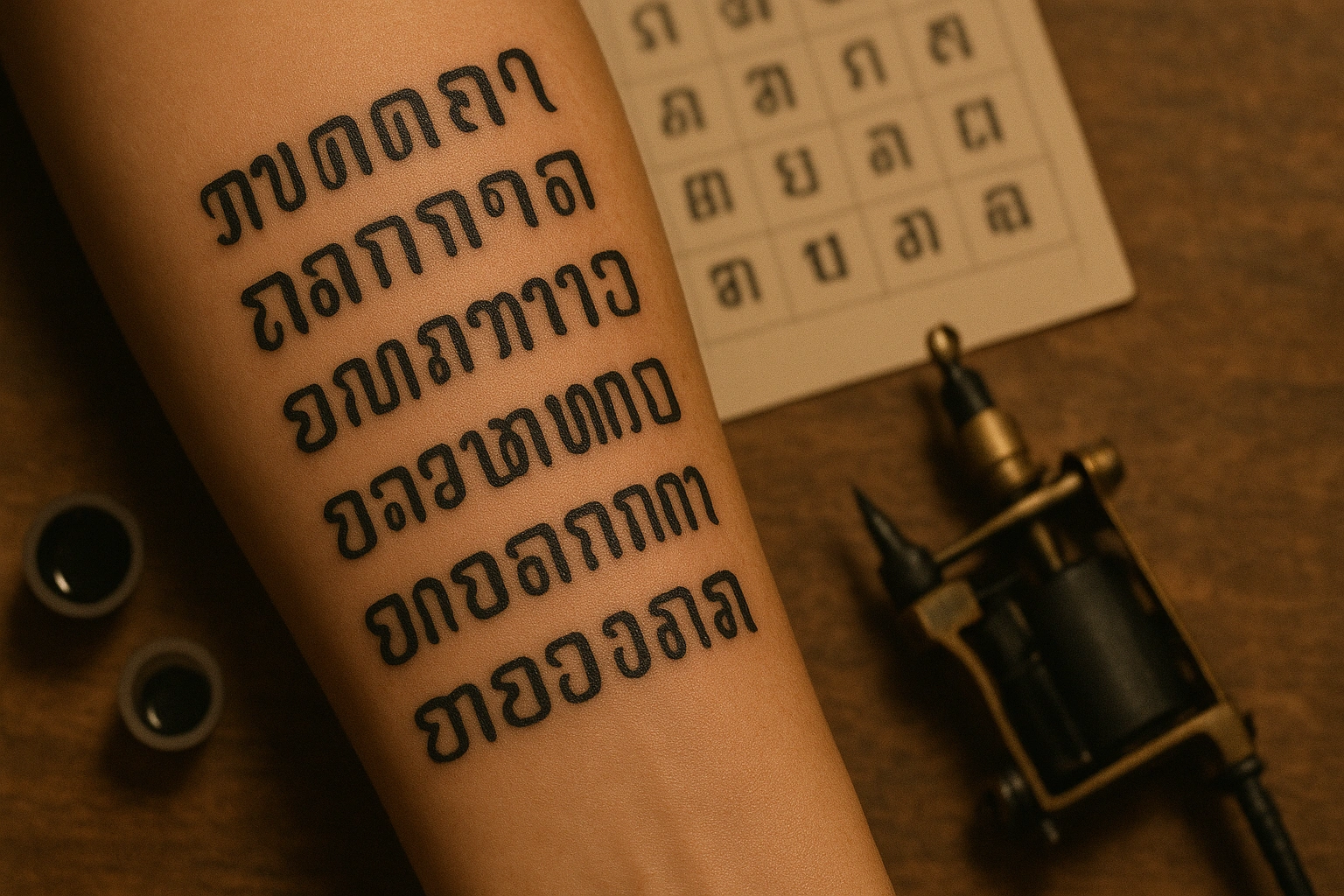 Javanese Hanacaraka script tattoo being inked with precision.