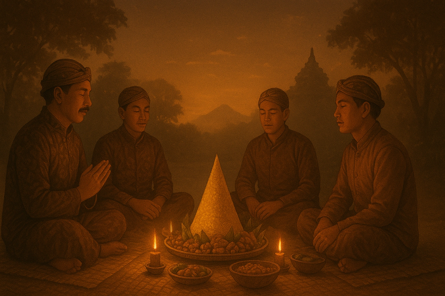 Javanese Slametan ritual with tumpeng and prayers.