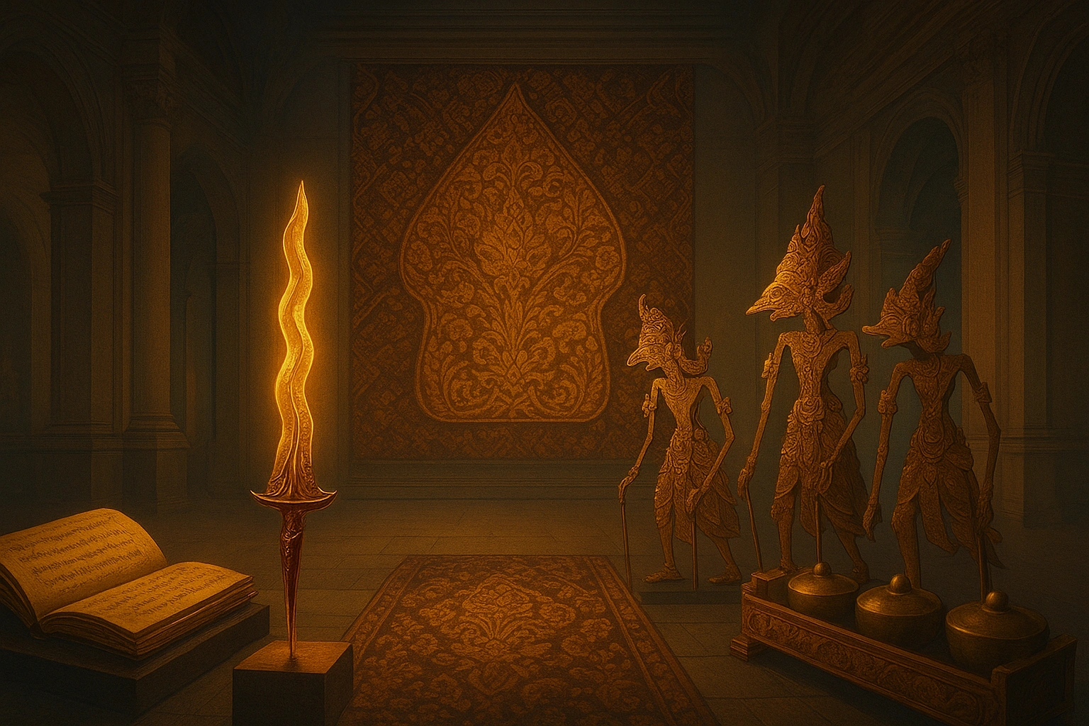 Javanese artifacts—kris, batik, wayang, lontar, gamelan—displayed in a European museum.