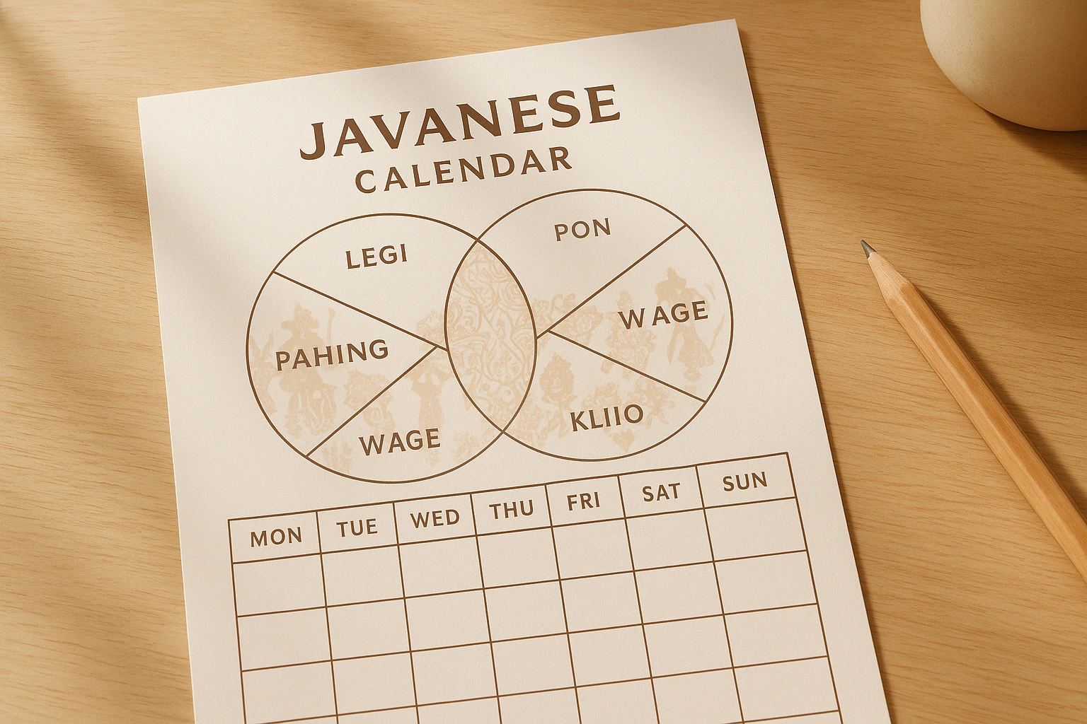 Javanese calendar planner with Pasaran and Wuku cycles.