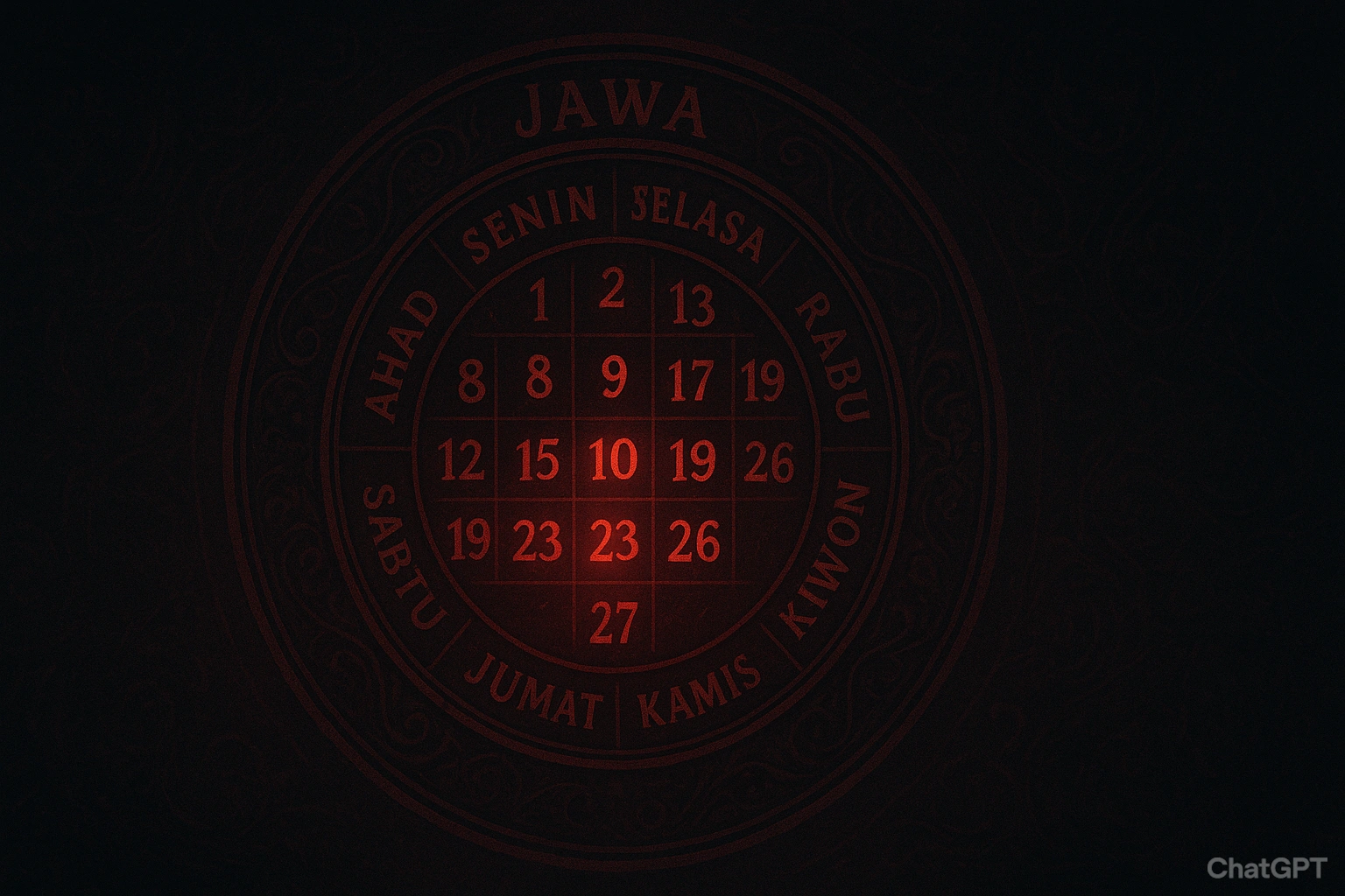 Javanese calendar showing inauspicious dates in red.