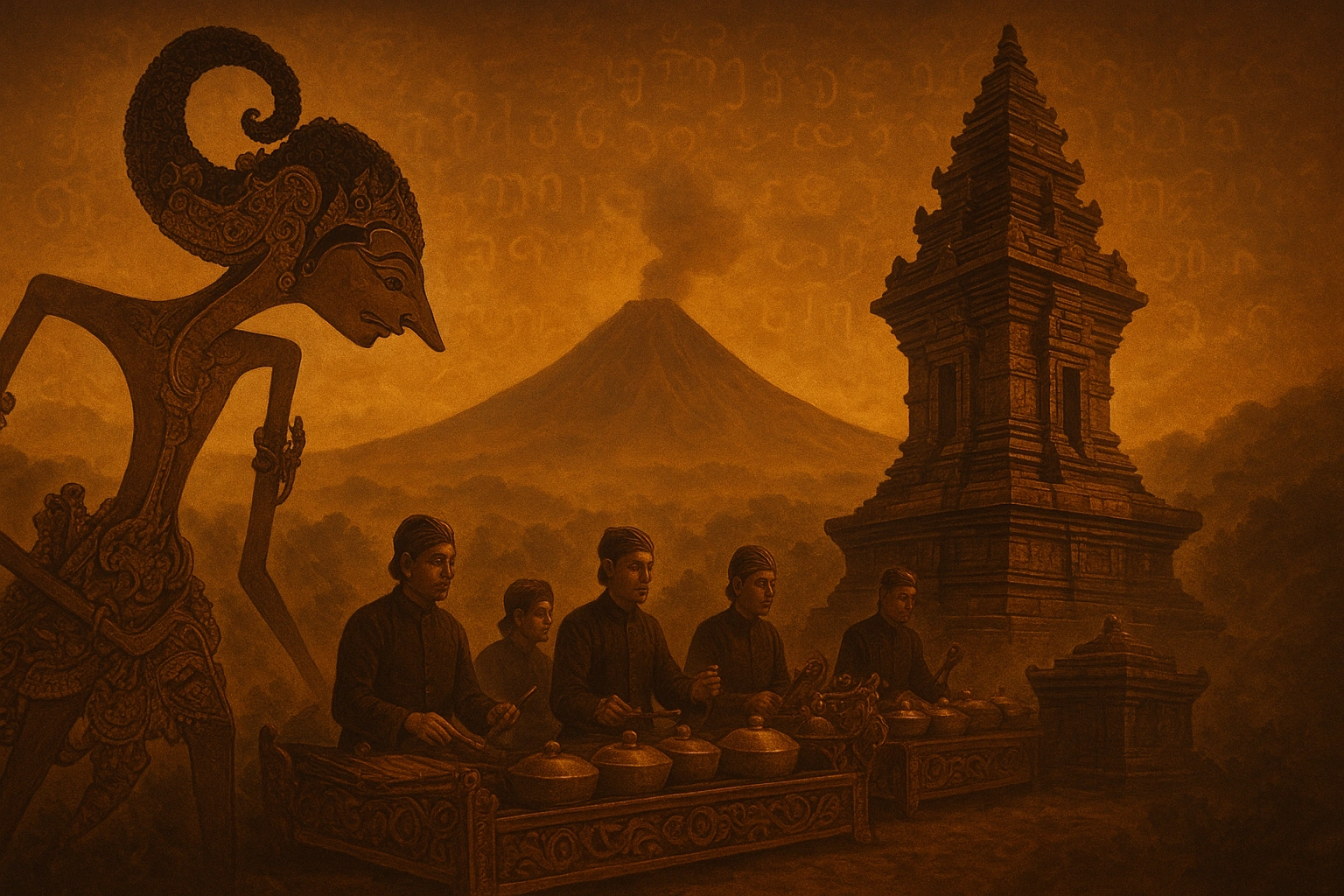 Javanese culture Wayang Kulit, Gamelan, temple, volcano