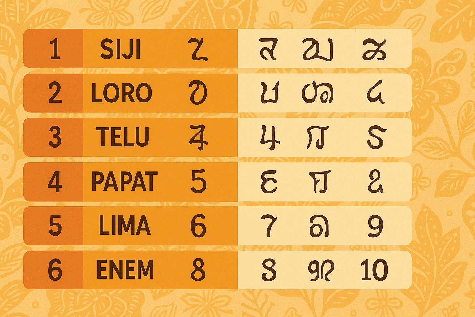 Javanese numbers 1–10 with script and batik background.