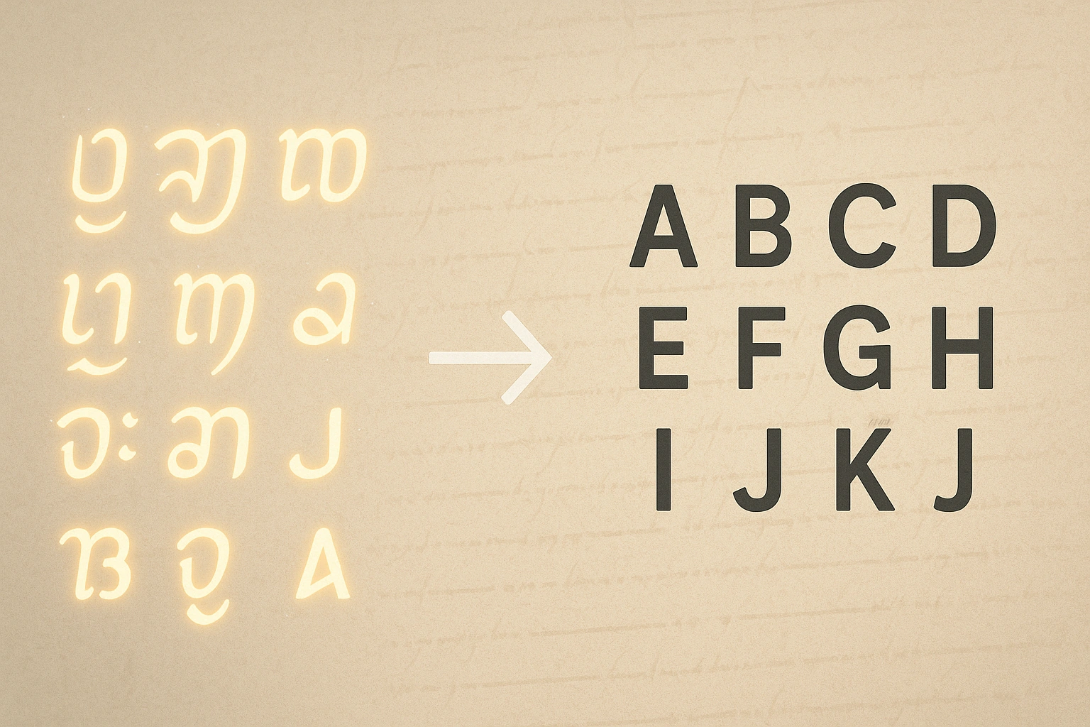 Javanese script transforming into Latin letters through romanization.