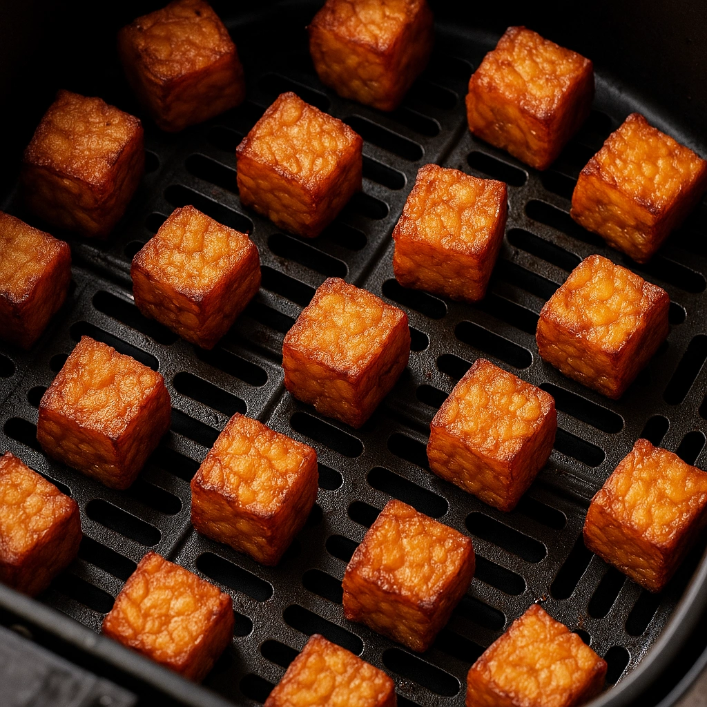 Perfectly crispy cubes of tempeh in an air fryer basket, demonstrating the air fryer method. how to cook tempeh crispy
