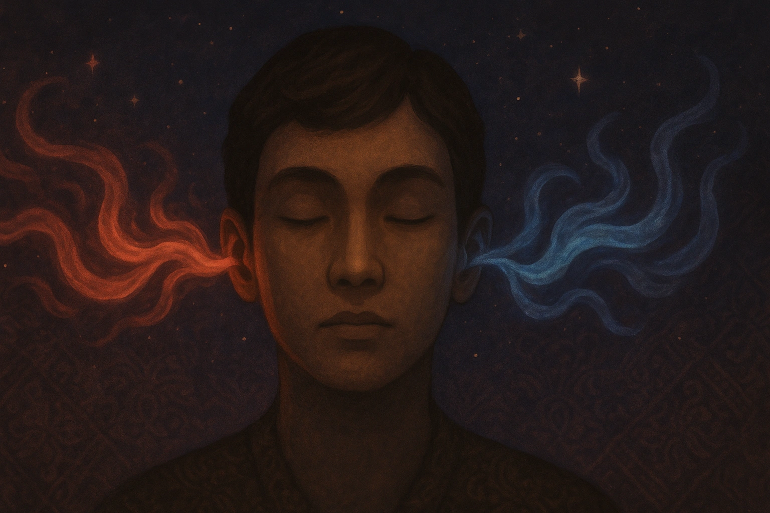 Person with closed eyes, abstract sound waves from ears glowing red and blue, representing Javanese Primbon omens. Person with closed eyes, abstract sound waves from ears glowing red and blue, representing Javanese Primbon omens.