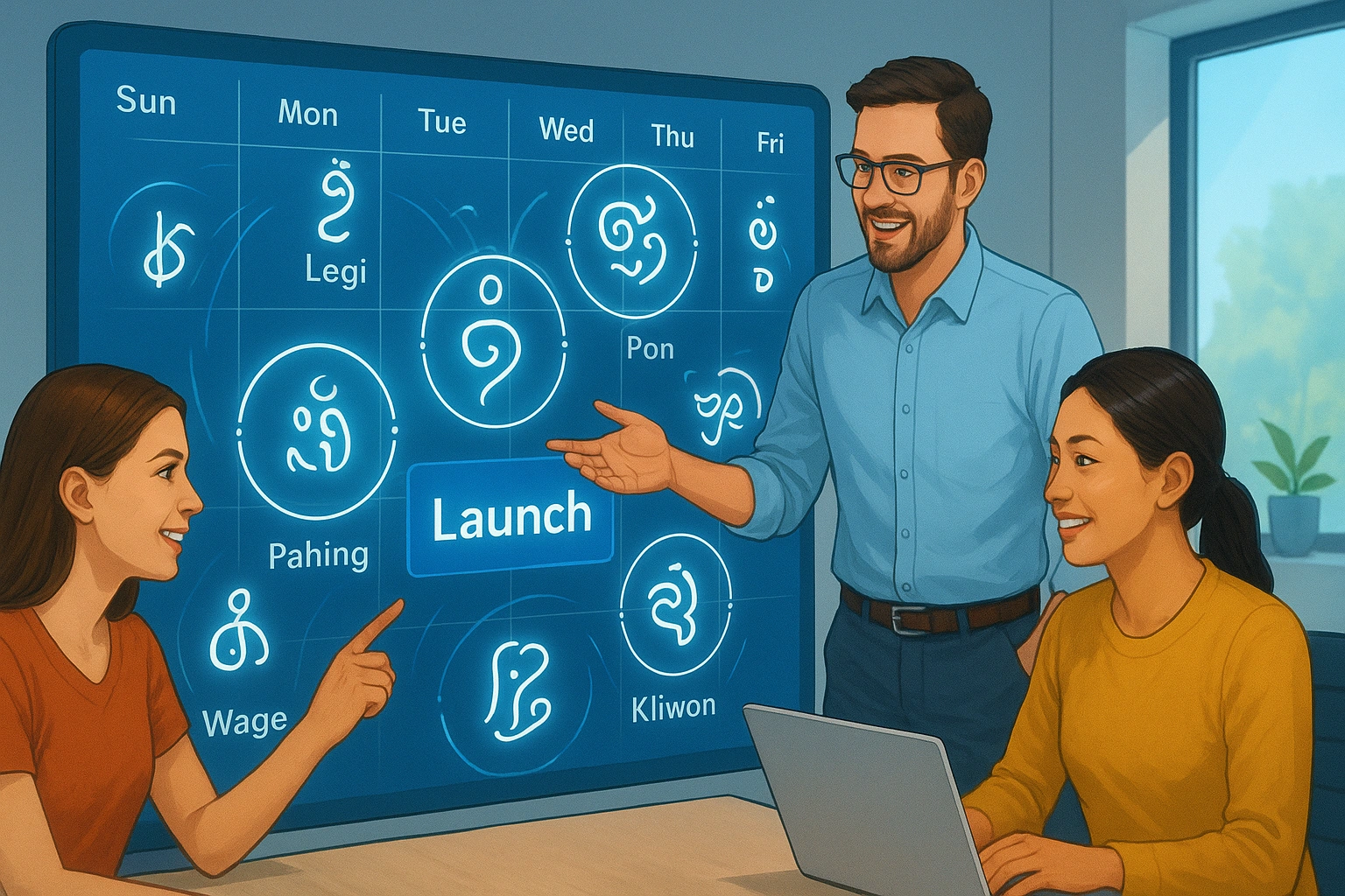 Startup team planning on calendar with Javanese Weton symbols overlay Startup team planning on calendar with Javanese Weton symbols overlay