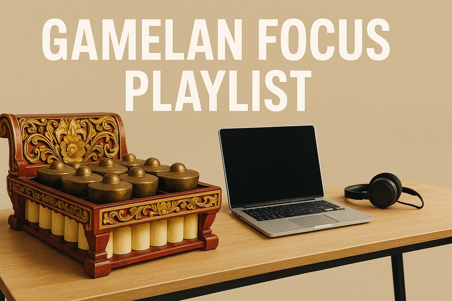 Thumbnail of a Javanese gamelan beside a modern desk with laptop and headphones, symbolizing a gamelan focus playlist for productivity and meditation.