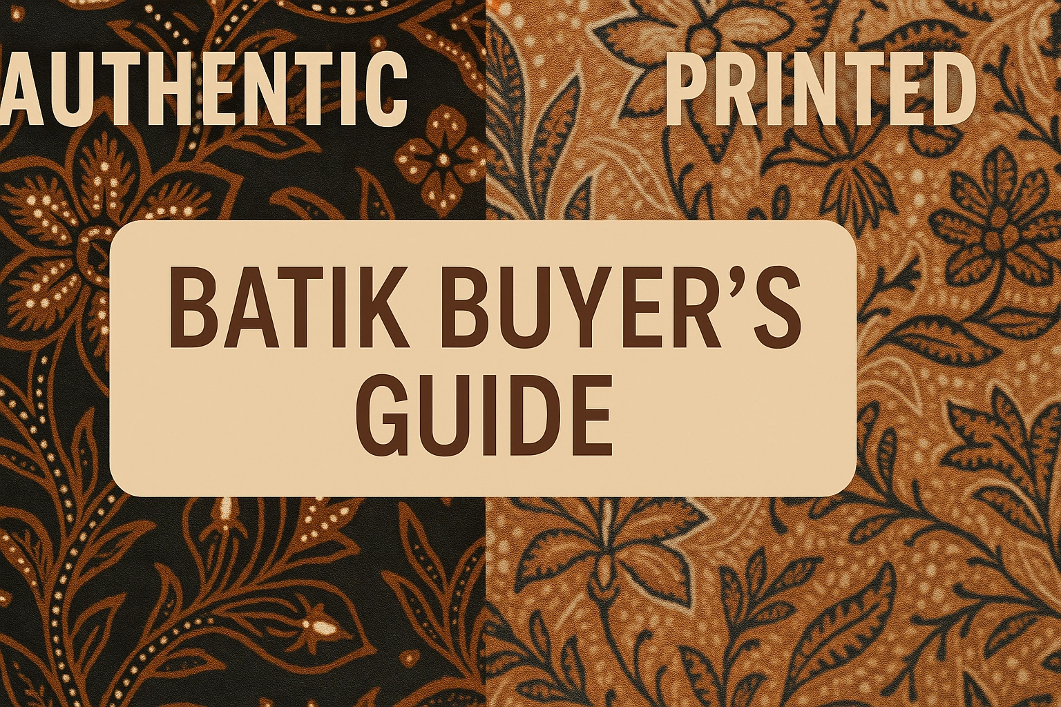 Thumbnail with authentic Javanese batik patterns contrasted against printed fabric for a batik buyers guide.