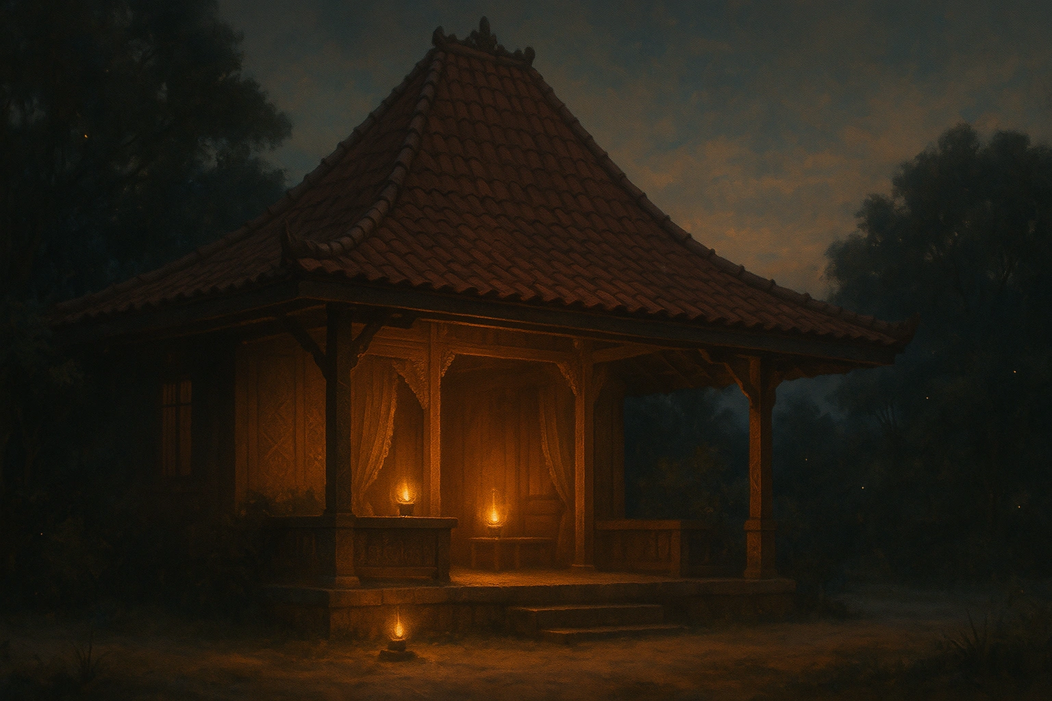 Traditional Javanese home at dusk, symbolizing rest on a bad day.