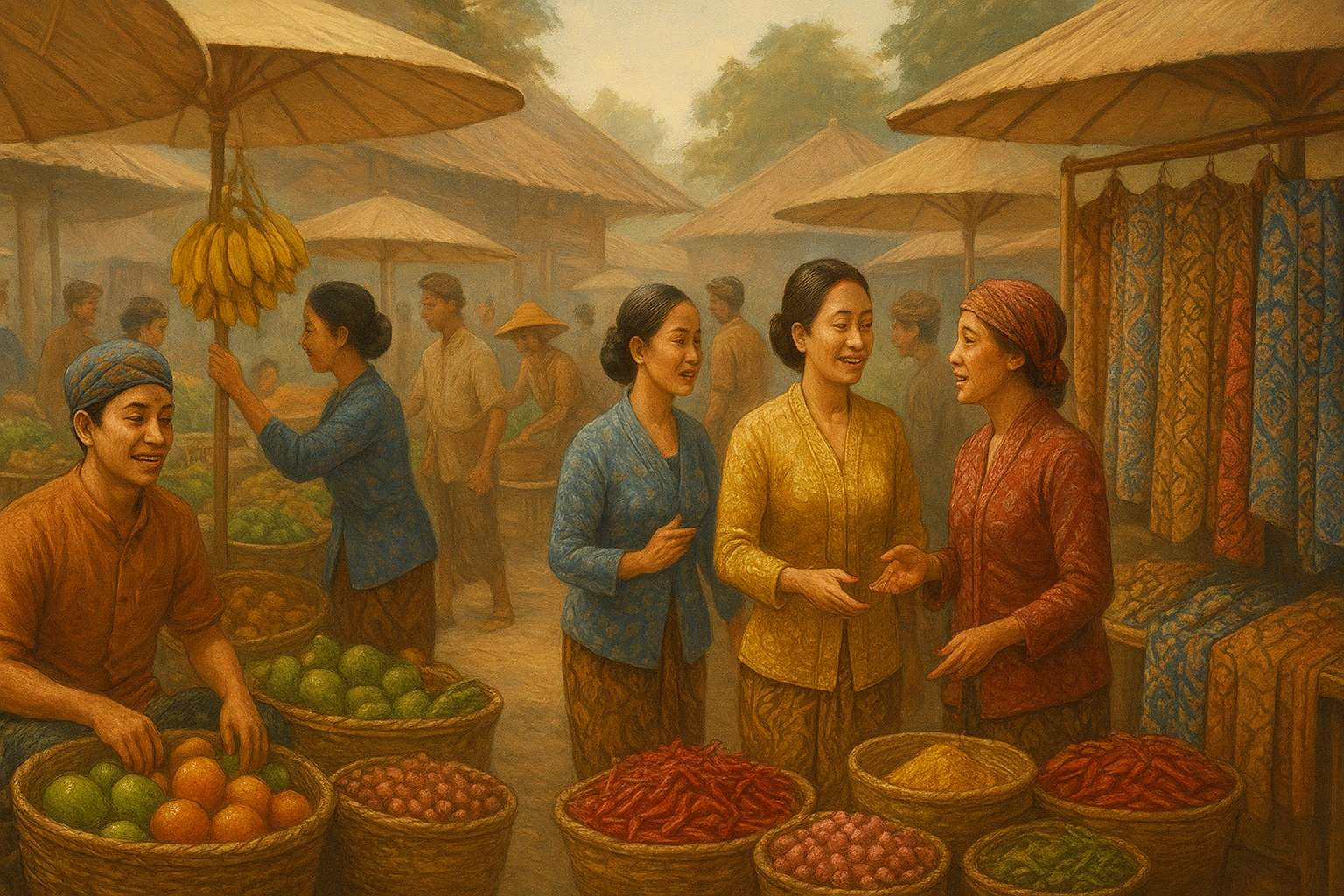 Vibrant traditional Javanese market representing the 5 day Pasaran cycle.