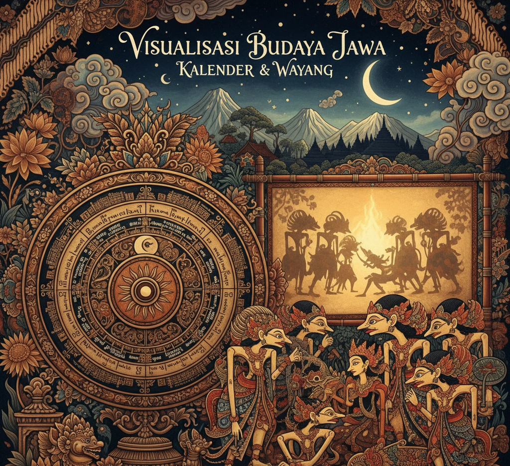 Visualisasi artistik budaya Jawa dengan elemen kalender dan wayang