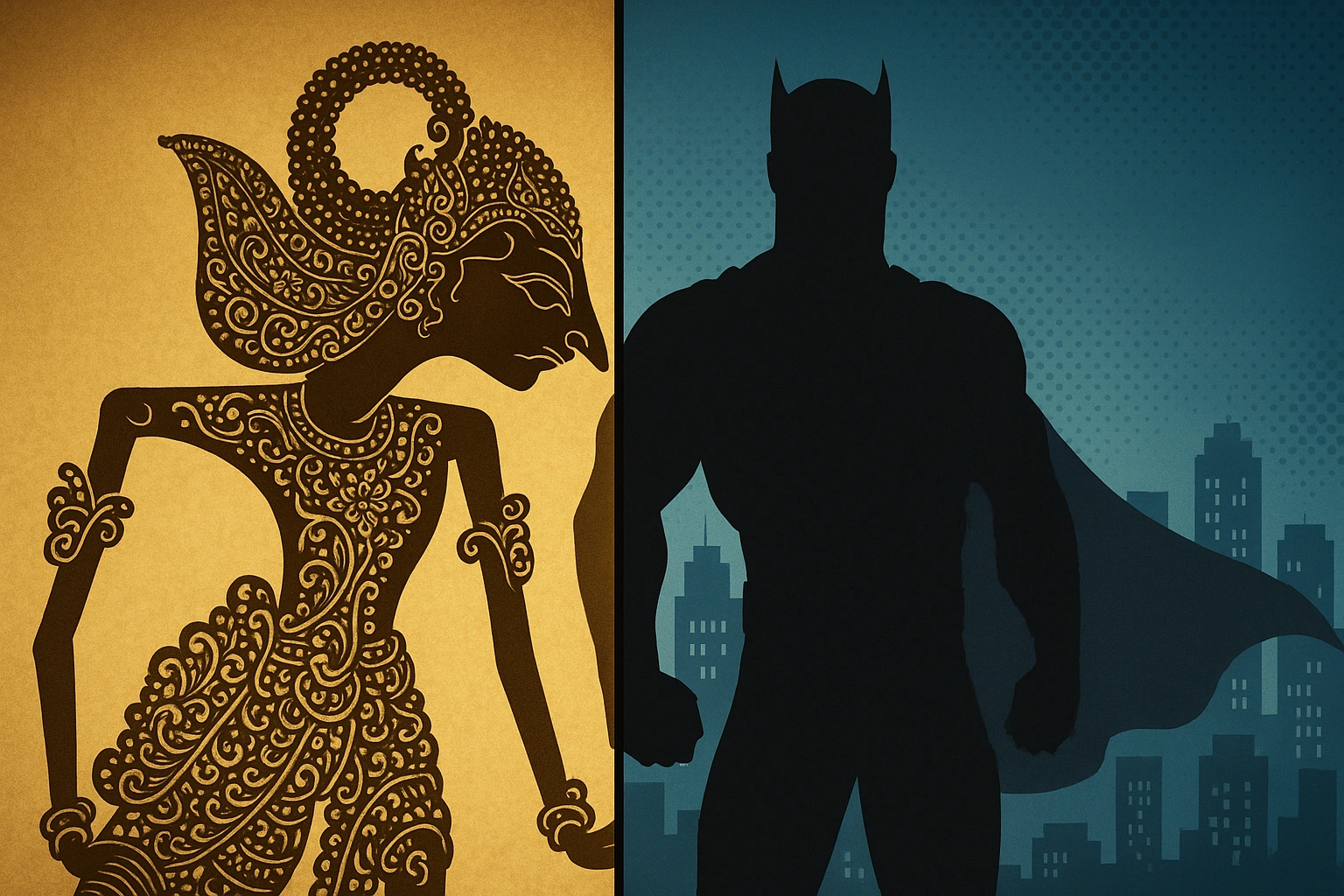 A split image showing the intricate leather puppet of a Javanese wayang archetype on one side, and the silhouette of a modern comic book superhero on the other, symbolizing the connection between ancient mythology and today's storytelling.