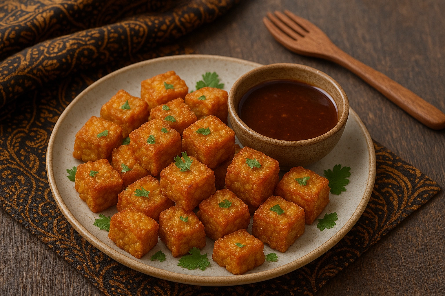 A plate of golden, crispy tempeh cubes garnished with fresh herbs and a dipping sauce, with a batik-patterned cloth and wooden utensils in the background, highlighting the crunchy texture and Javanese culinary style.