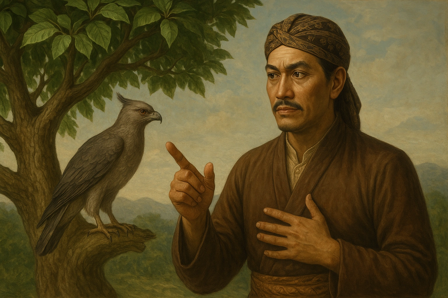 Illustration representing Wuku Kurantil meaning, showing a strategic and compassionate Javanese leader with the Ingas tree and Sirtu bird, symbolizing intellect, generosity, and the cosmic Pawukon calendar.